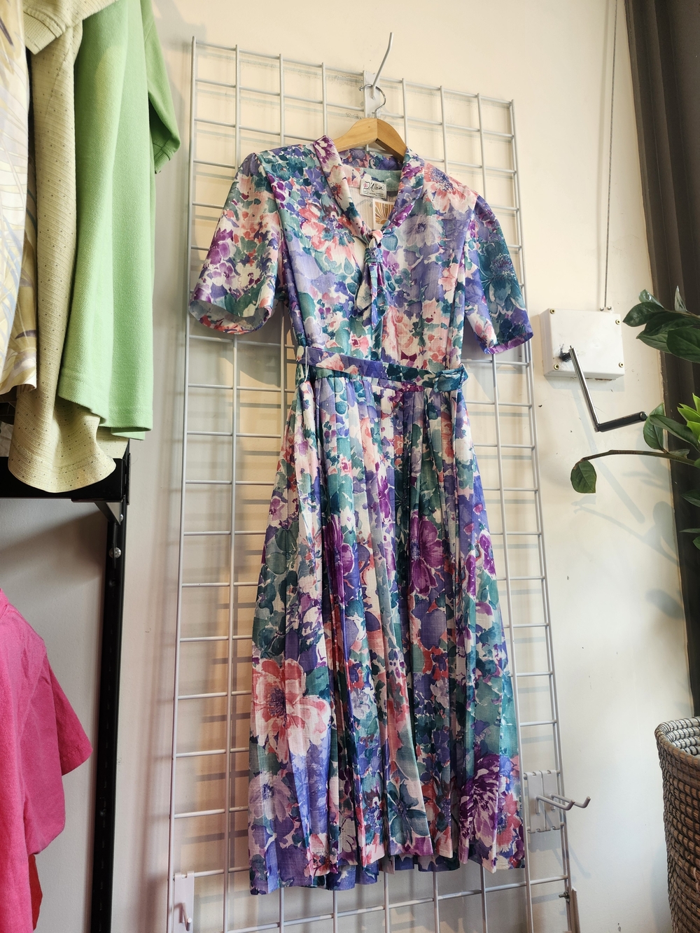 Floral Vintage Tie-Neck Midi Dress in Purple, Teal & Pink Belted Pleated